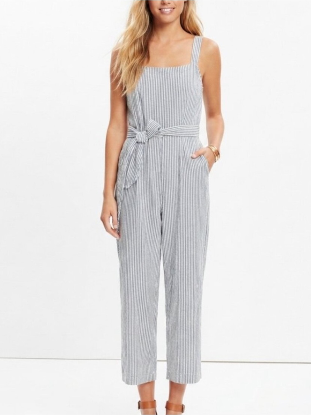 Madewell Navy & White Muralist Striped Sleeveless Jumpsuit Size 0 39925